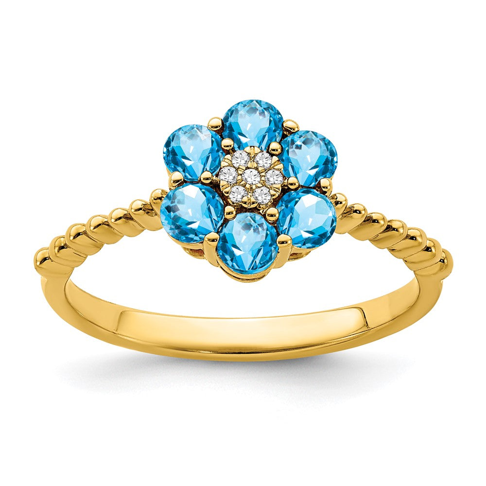 Image of ID 1 14K Yellow Gold Blue Topaz and Real Diamond Floral Ring