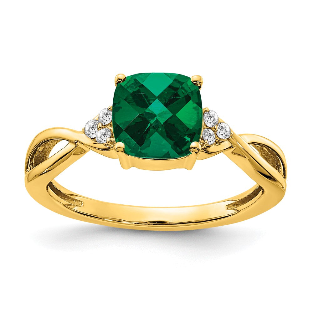 Image of ID 1 14K Yellow Gold Checkerboard Created Emerald and Real Diamond Ring