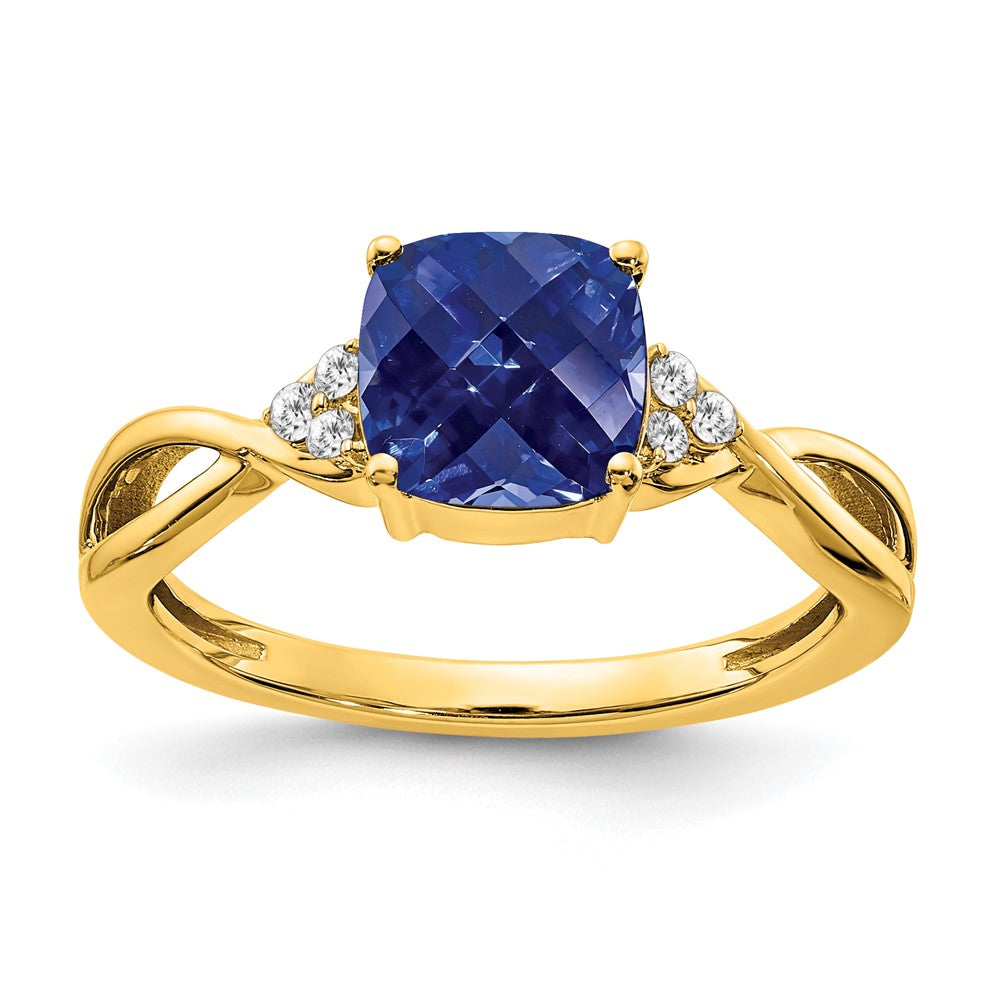 Image of ID 1 14K Yellow Gold Checkerboard Created Sapphire and Real Diamond Ring