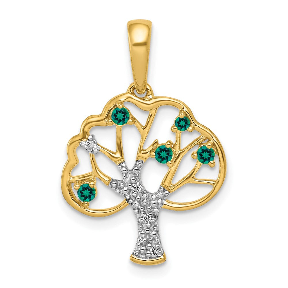 Image of ID 1 14K Yellow Gold Created Emerald and Real Diamond Polished Tree Pendant