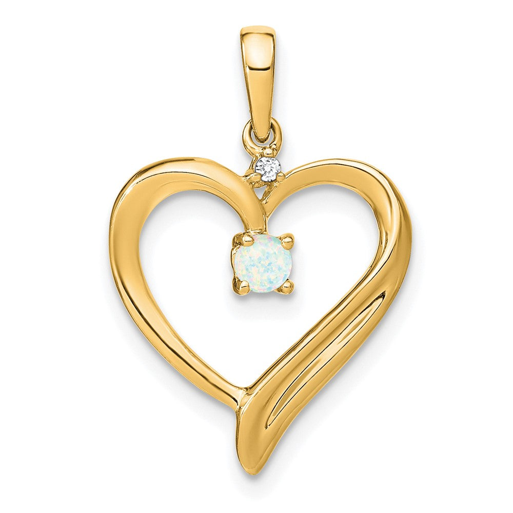 Image of ID 1 14K Yellow Gold Created Opal and Real Diamond Heart Pendant