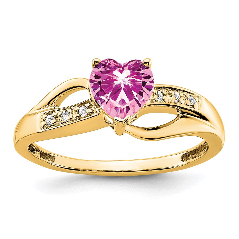 Image of ID 1 14K Yellow Gold Created Pink Sapphire and Real Diamond Heart Ring