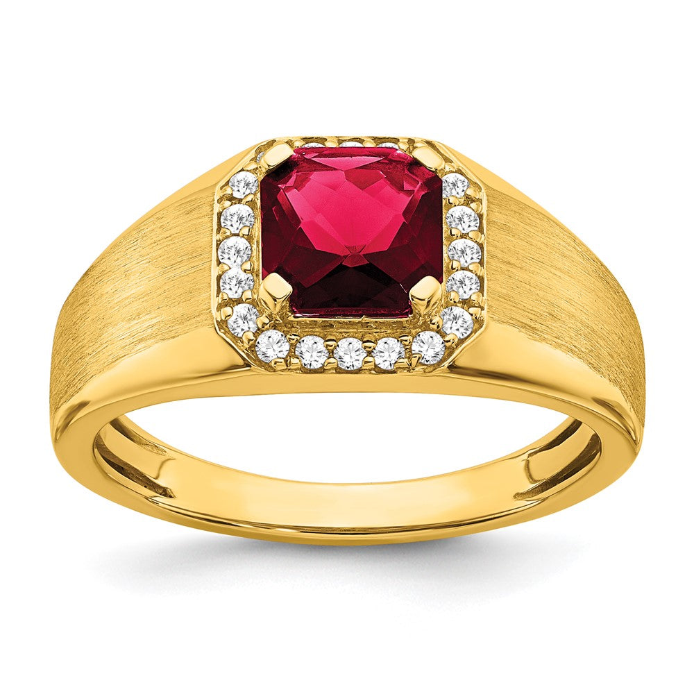Image of ID 1 14K Yellow Gold Cushion Created Ruby and Real Diamond Mens Ring