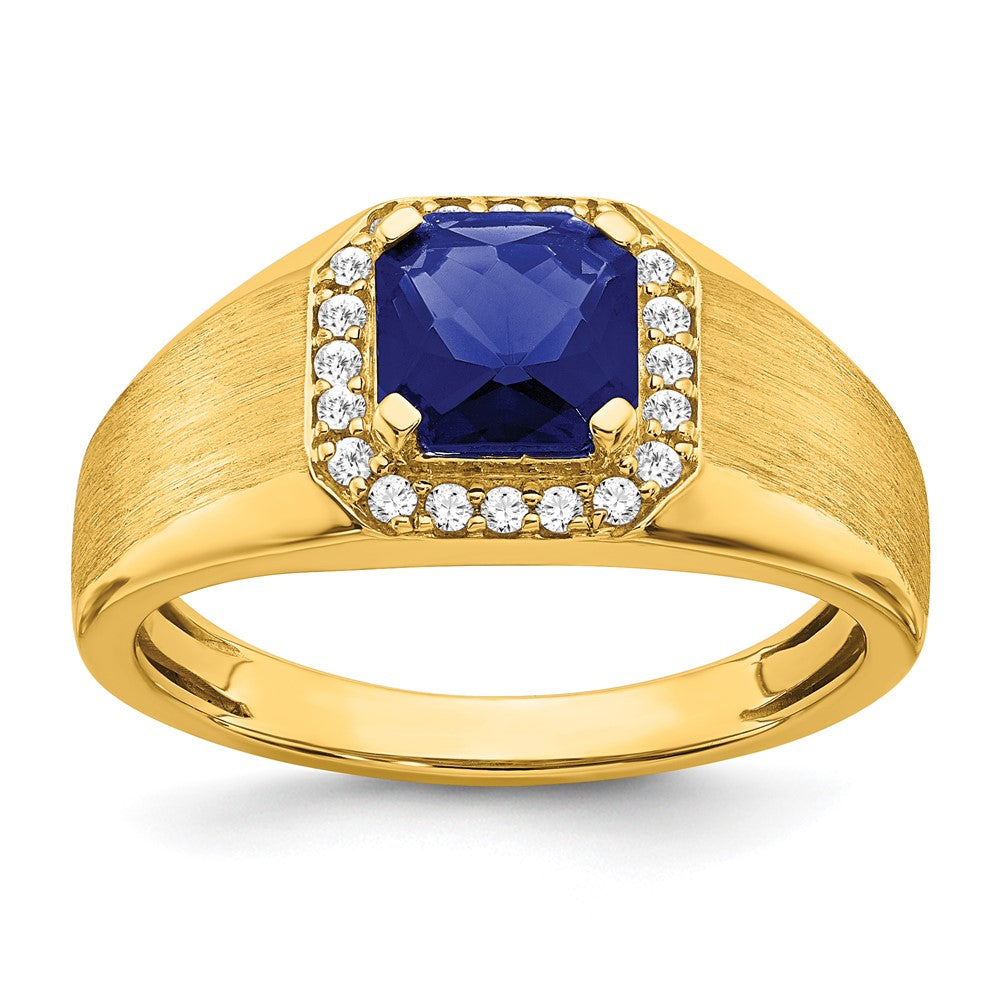 Image of ID 1 14K Yellow Gold Cushion Created Sapphire and Real Diamond Mens Ring