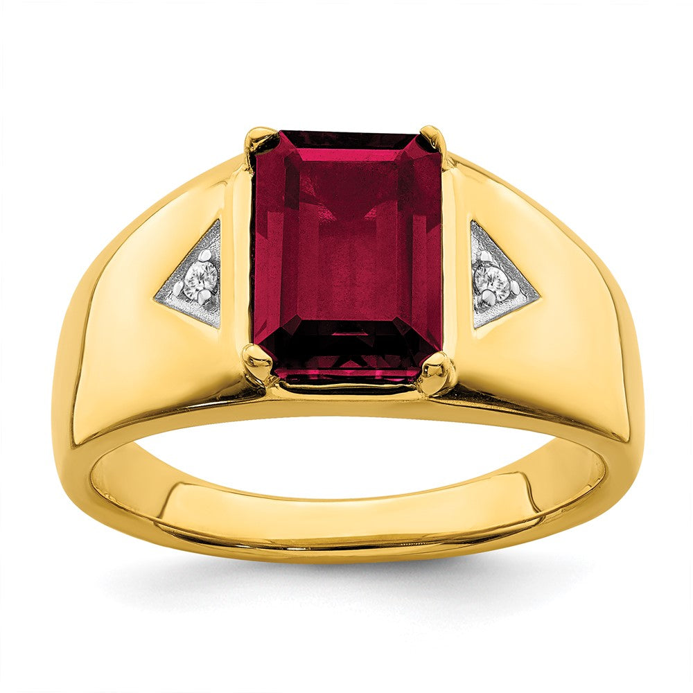 Image of ID 1 14K Yellow Gold Emerald-cut Created Ruby and Real Diamond Polished Mens Ring
