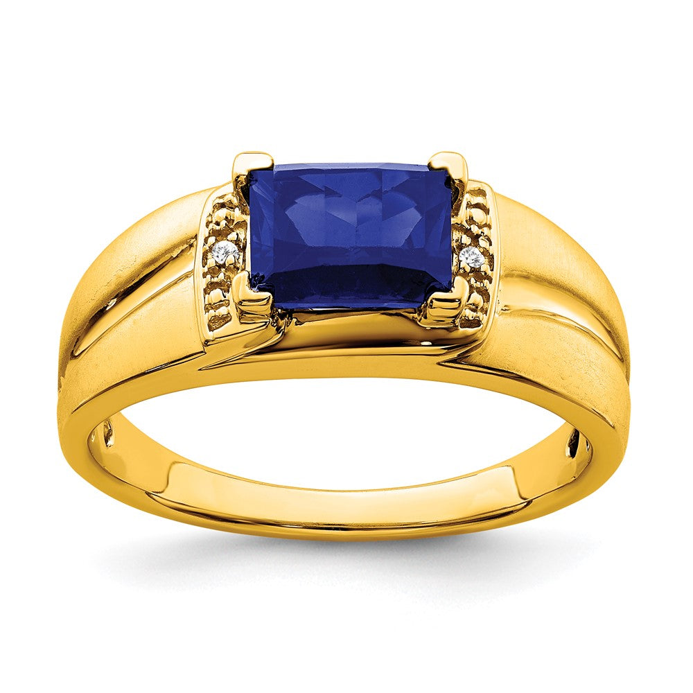 Image of ID 1 14K Yellow Gold Emerald-cut Created Sapphire and Real Diamond Mens Ring