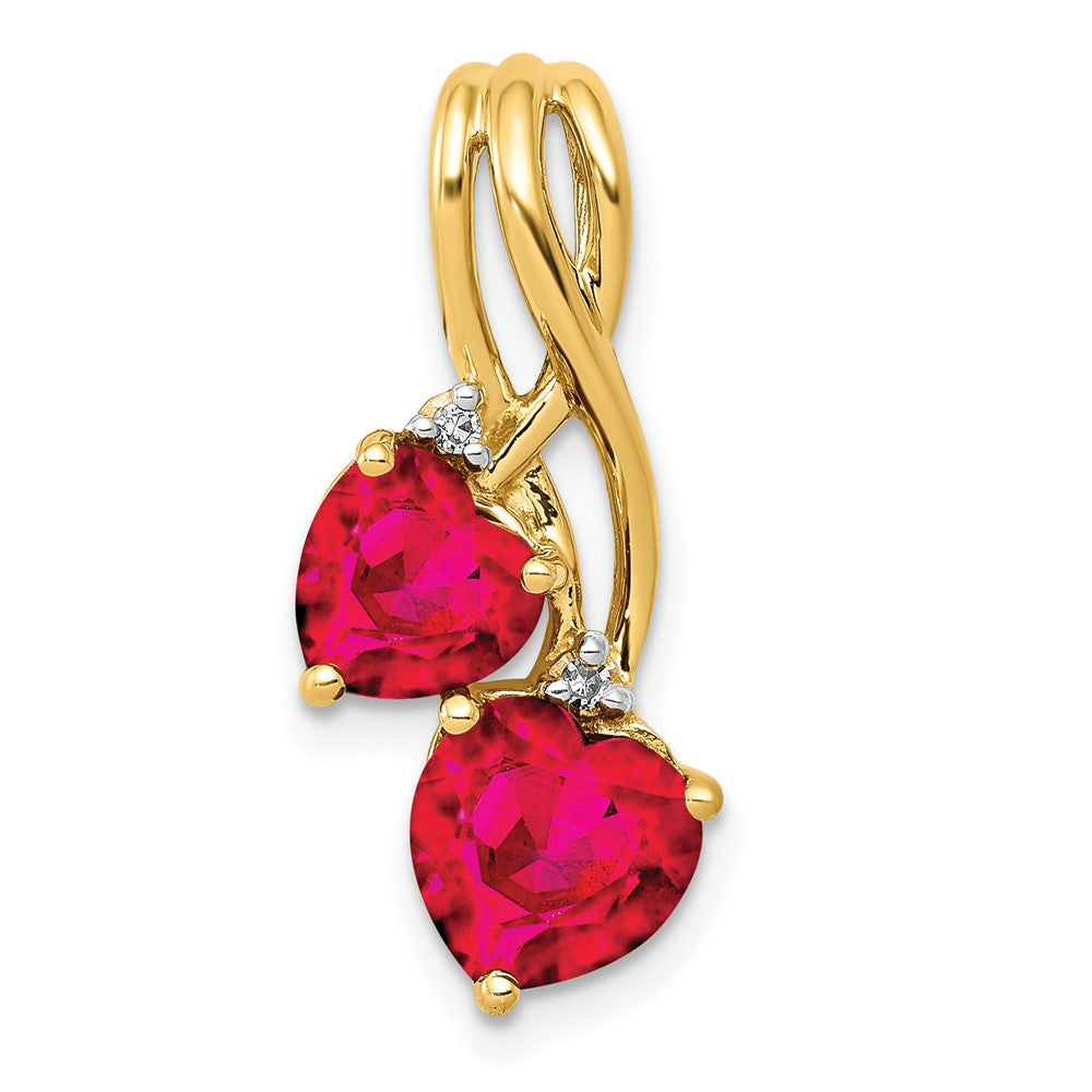 Image of ID 1 14K Yellow Gold Lab Created Ruby and Real Diamond Double Heart Pendant