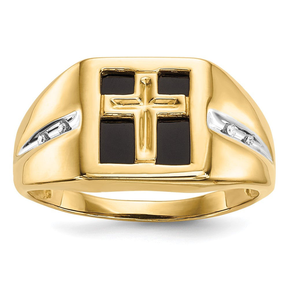 Image of ID 1 14K Yellow Gold Onyx and Real Diamond Cross Mens Ring