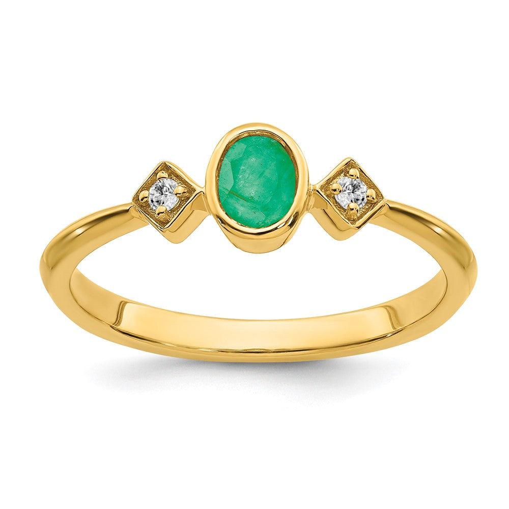Image of ID 1 14K Yellow Gold Oval Bezel Emerald and Real Diamond Ring
