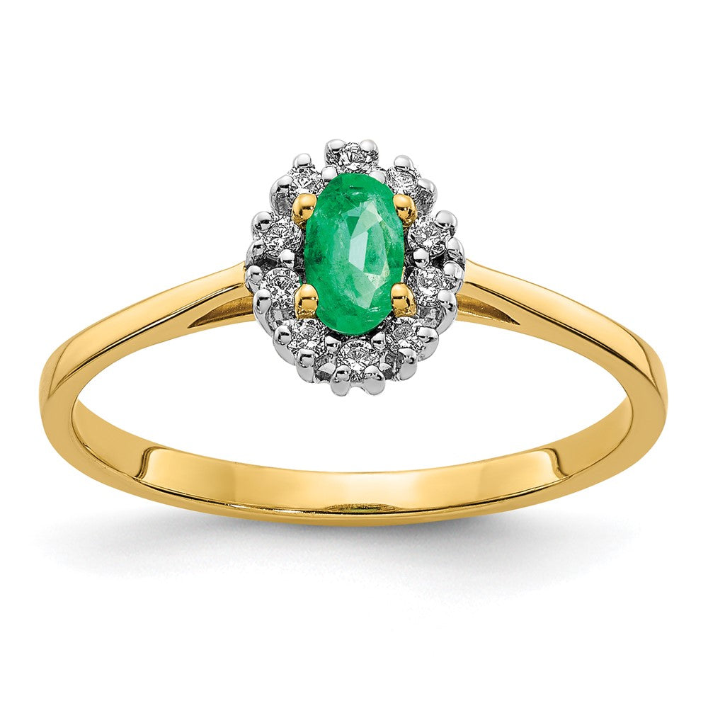 Image of ID 1 14K Yellow Gold Real Diamond and Oval Emerald Halo Ring
