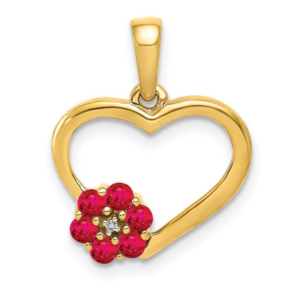 Image of ID 1 14K Yellow Gold Real Diamond and Ruby Heart w/ Flower Pendant