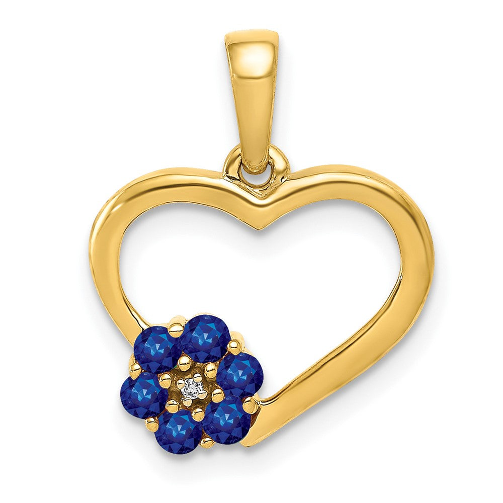 Image of ID 1 14K Yellow Gold Real Diamond and Sapphire Heart w/ Flower Pendant