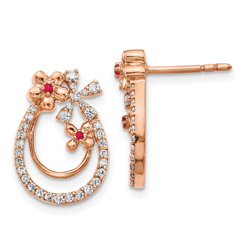 Image of ID 1 14k Rose Gold Real Diamond & Ruby Flower Earrings