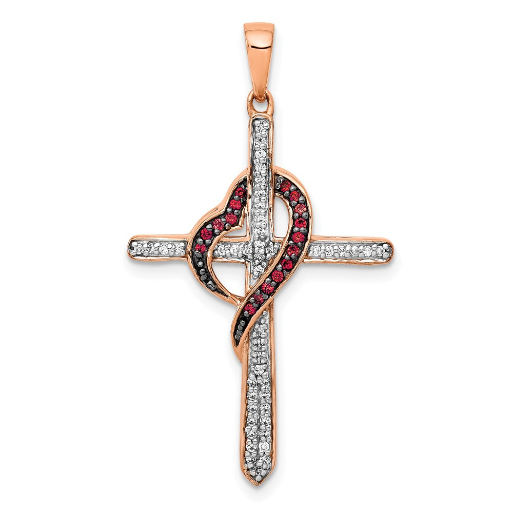 Image of ID 1 14k Rose Gold Red and White Real Diamond Cross w/Heart Pendant