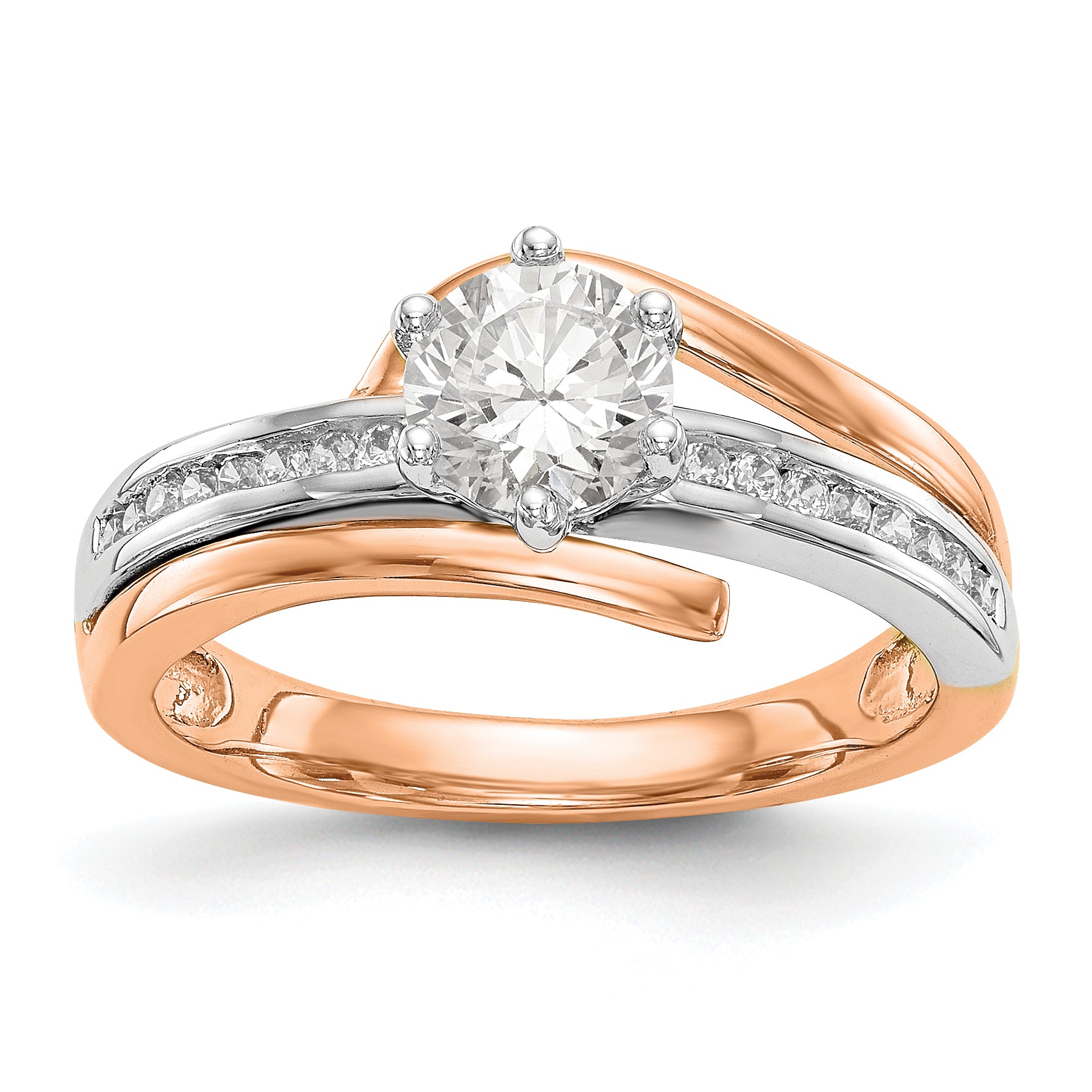 Image of ID 1 14k Two tone Rose Gold Peg Set Simulated Diamond By Pass Engagement Ring