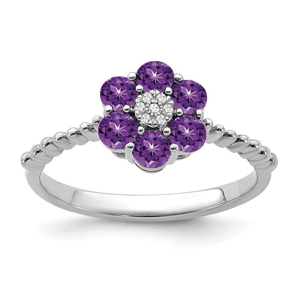Image of ID 1 14k White Gold Amethyst and Real Diamond Floral Ring