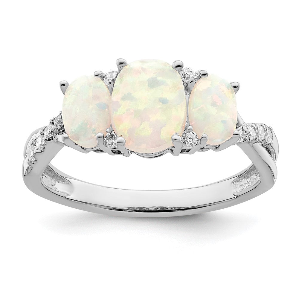 Image of ID 1 14k White Gold Created Opal and Real Diamond 3-stone Ring
