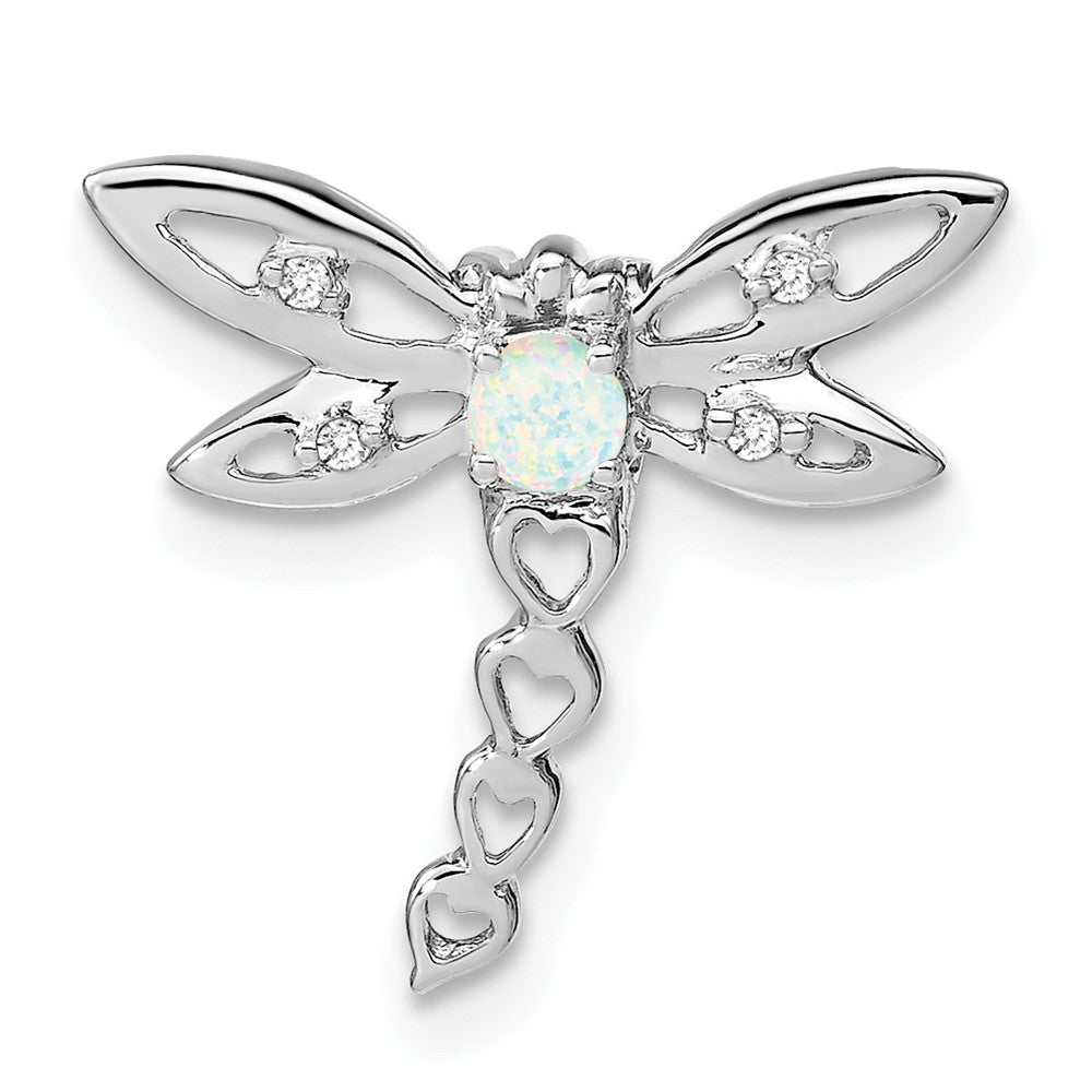 Image of ID 1 14k White Gold Created Opal and Real Diamond Dragonfly Chain Slide