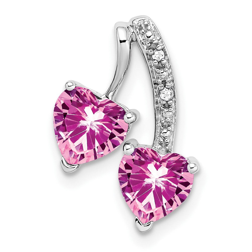 Image of ID 1 14k White Gold Created Pink Sapphire and Real Diamond 2-Heart Pendant
