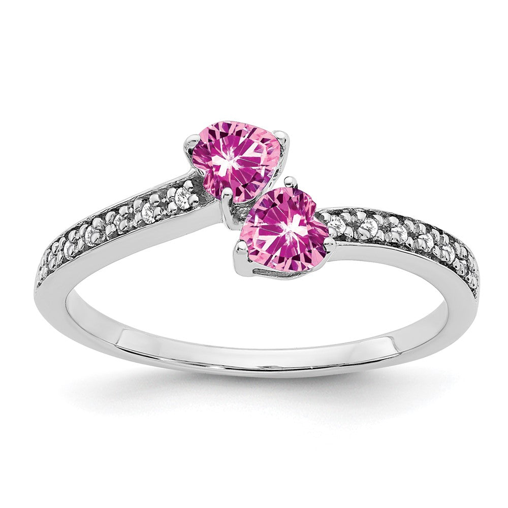 Image of ID 1 14k White Gold Created Pink Sapphire and Real Diamond 2-stone Heart Ring