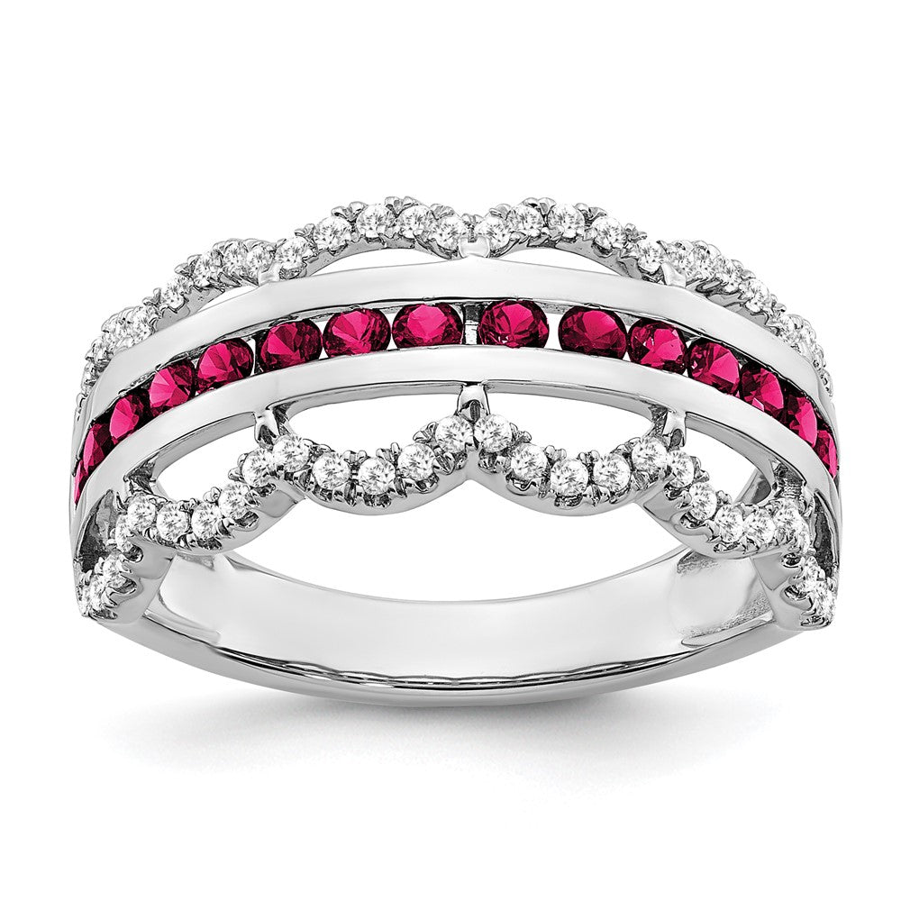 Image of ID 1 14k White Gold Created Ruby and Real Diamond Scallop Ring