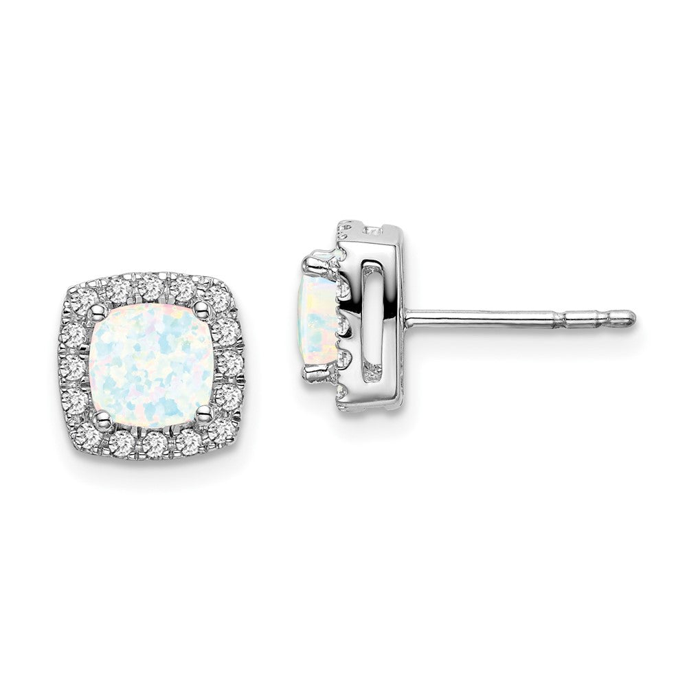 Image of ID 1 14k White Gold Cushion Created Opal and Real Diamond Halo Earrings