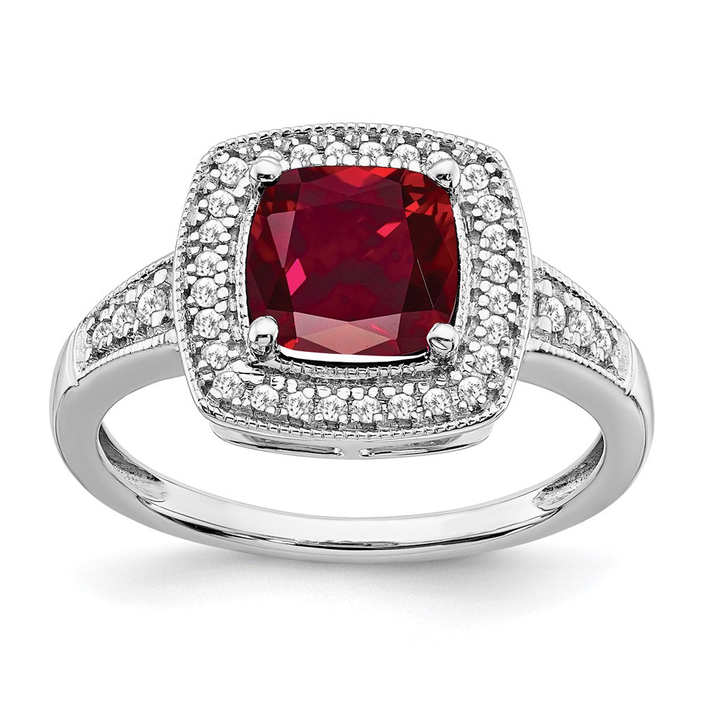 Image of ID 1 14k White Gold Cushion Created Ruby and Real Diamond Halo Ring