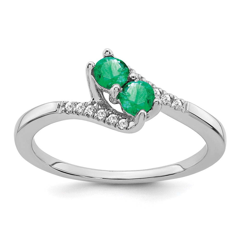 Image of ID 1 14k White Gold Emerald and Real Diamond 2-stone Bypass Ring