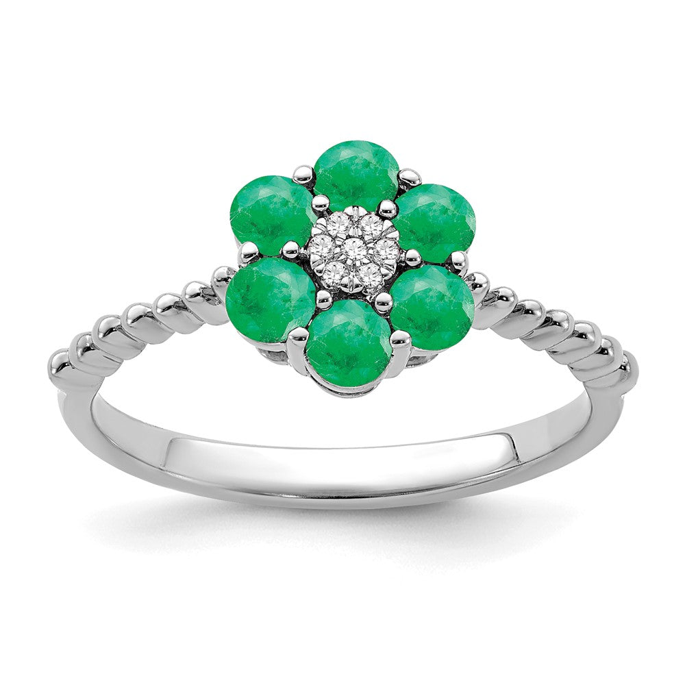 Image of ID 1 14k White Gold Emerald and Real Diamond Floral Ring