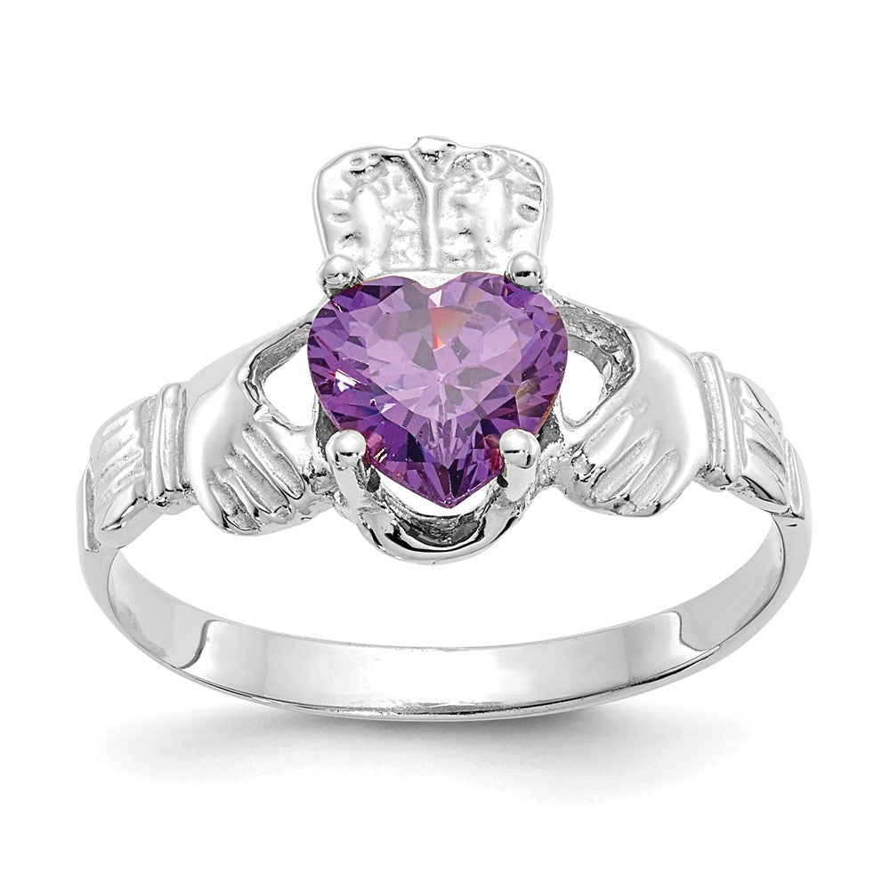 Image of ID 1 14k White Gold February CZ Birthstone Claddagh Ring