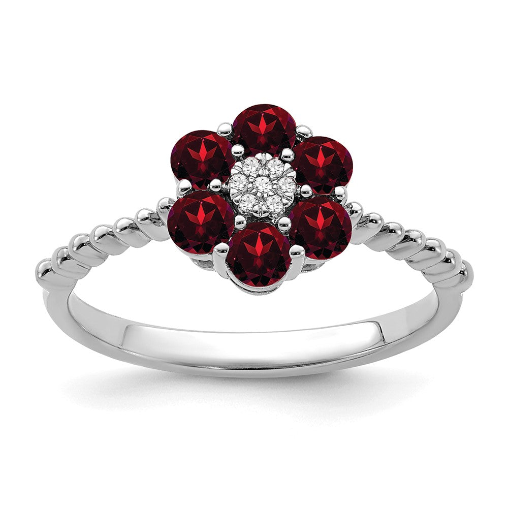 Image of ID 1 14k White Gold Garnet and Real Diamond Floral Ring
