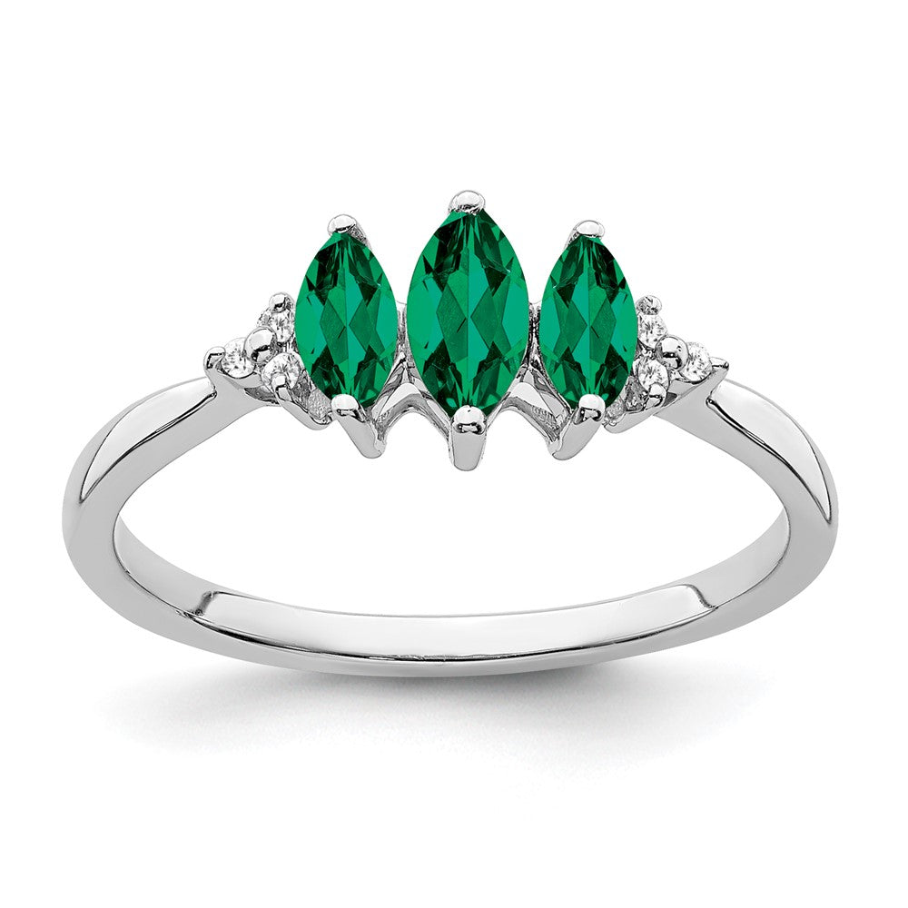 Image of ID 1 14k White Gold Marquise Created Emerald and Real Diamond 3-stone Ring