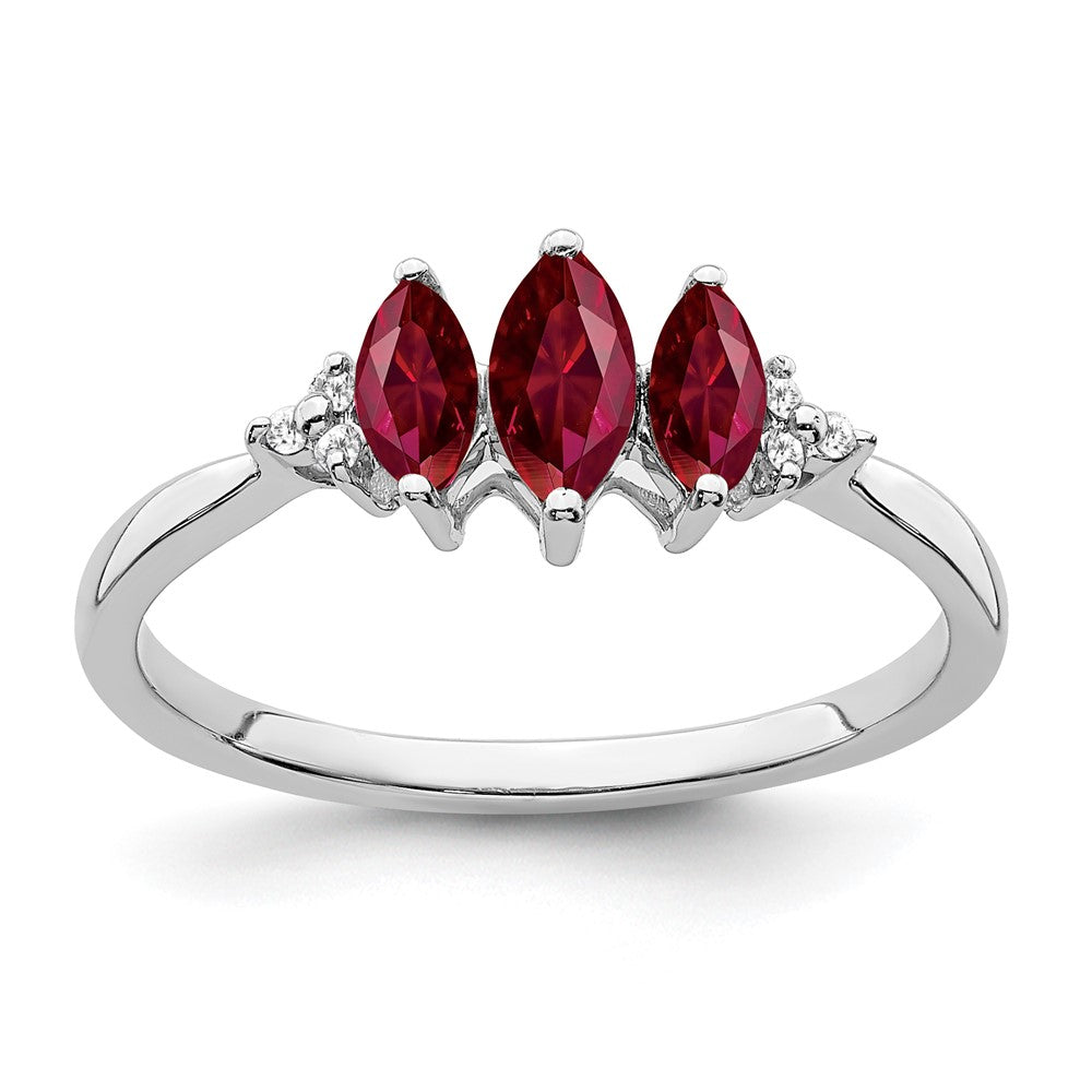 Image of ID 1 14k White Gold Marquise Created Ruby and Real Diamond 3-stone Ring