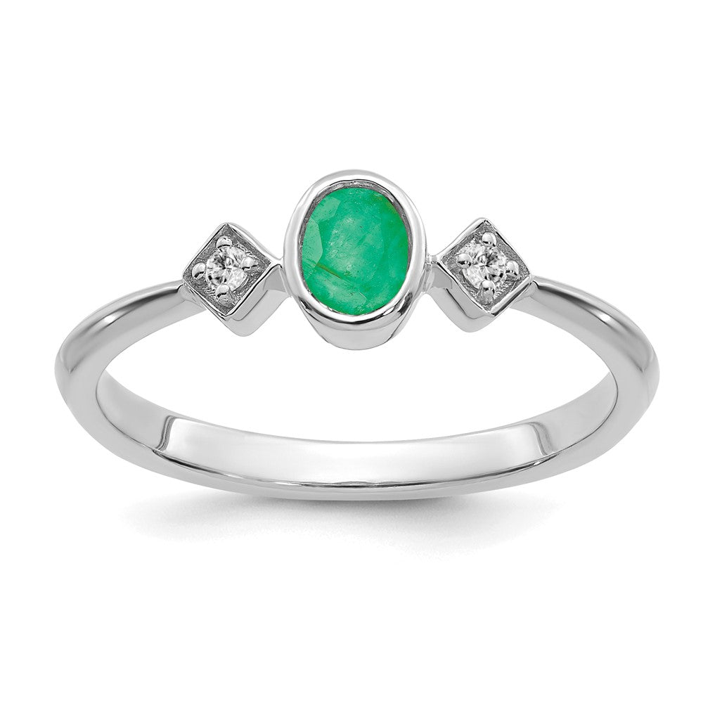 Image of ID 1 14k White Gold Oval Bezel Emerald and Real Diamond Ring