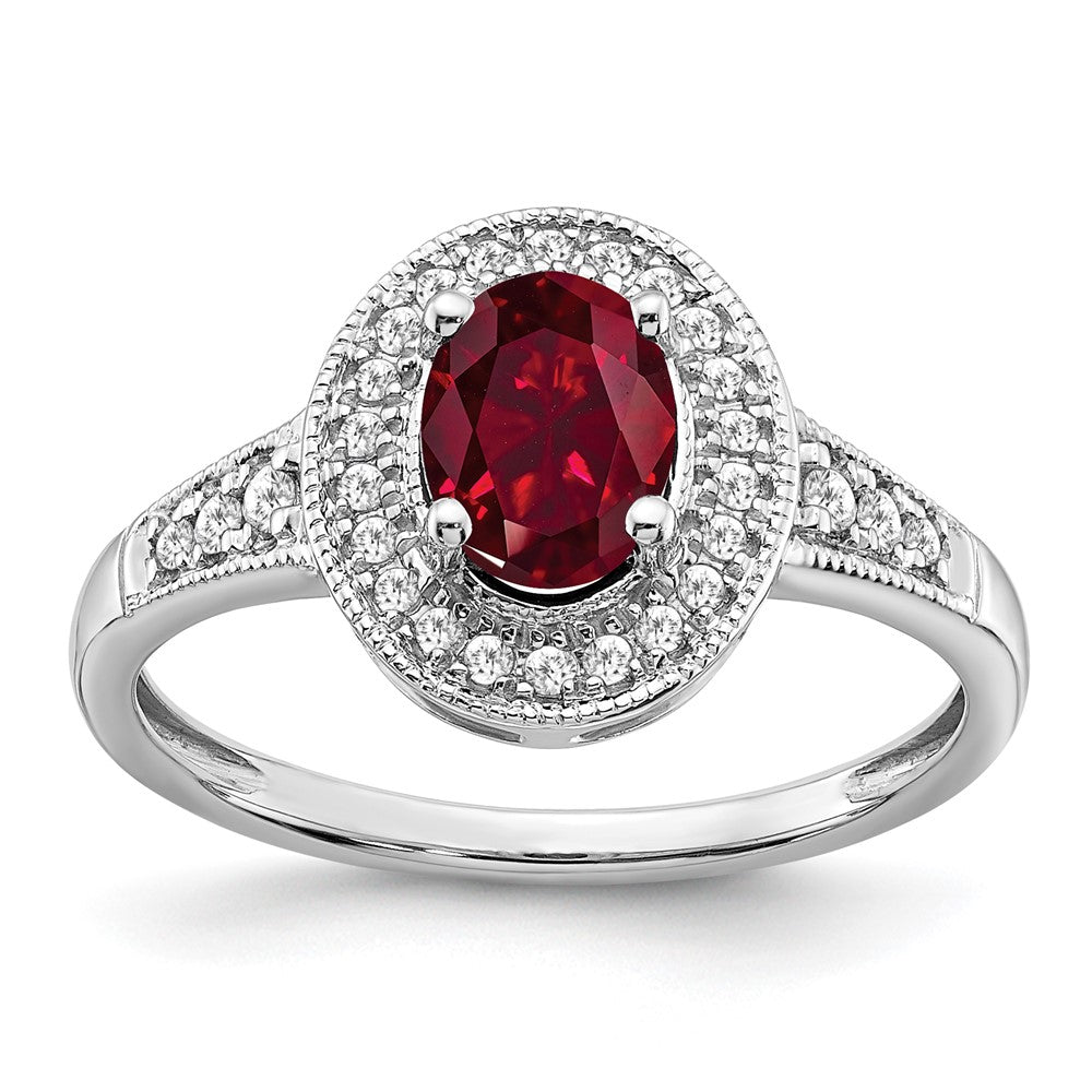 Image of ID 1 14k White Gold Oval Created Ruby and Real Diamond Halo Ring