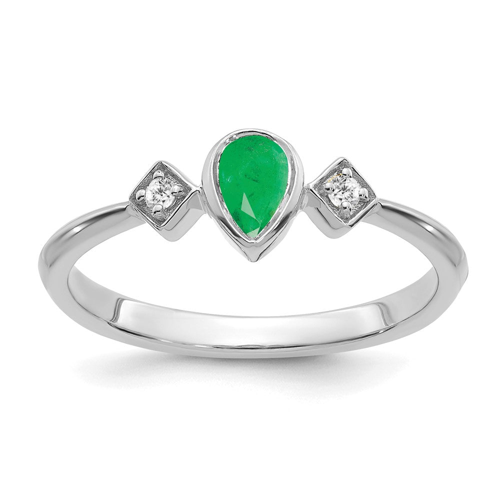 Image of ID 1 14k White Gold Pear Bezel Emerald and Real Diamond Ring