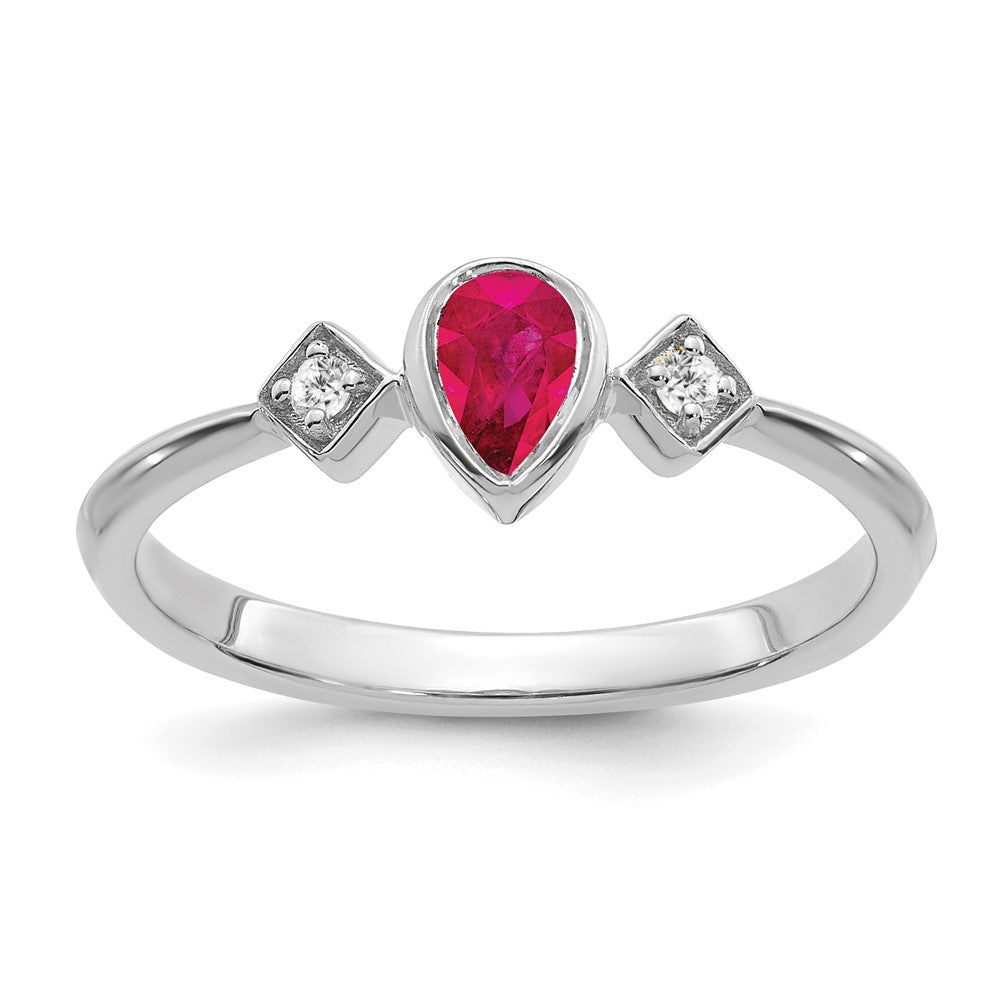 Image of ID 1 14k White Gold Pear Bezel Ruby and Real Diamond Ring
