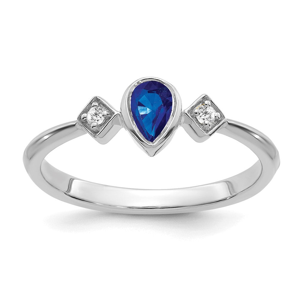 Image of ID 1 14k White Gold Pear Bezel Sapphire and Real Diamond Ring
