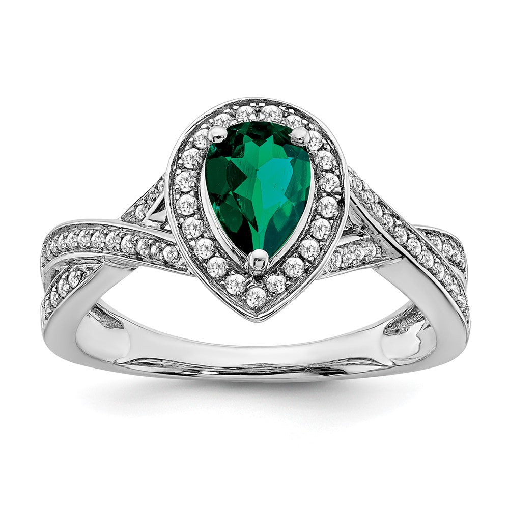Image of ID 1 14k White Gold Pear Created Emerald and Real Diamond Halo Ring