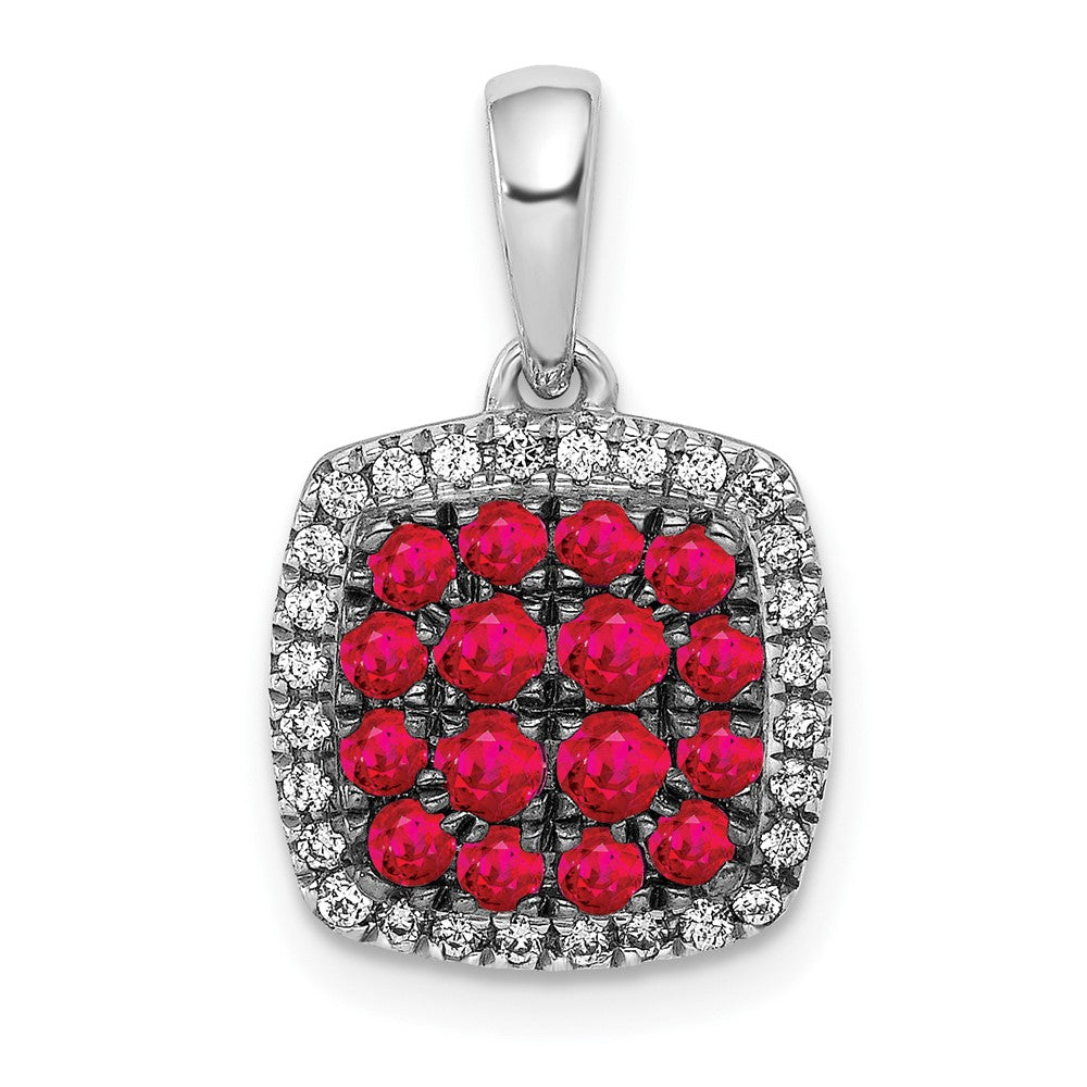 Image of ID 1 14k White Gold Real Diamond and Ruby Square Halo Pendant