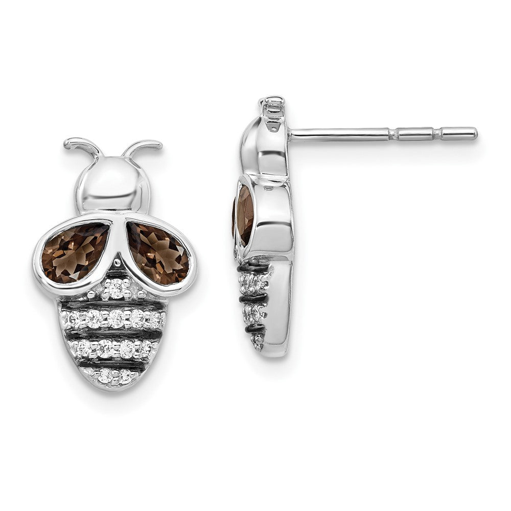 Image of ID 1 14k White Gold Real Diamond and Smokey Quartz Bee Earrings