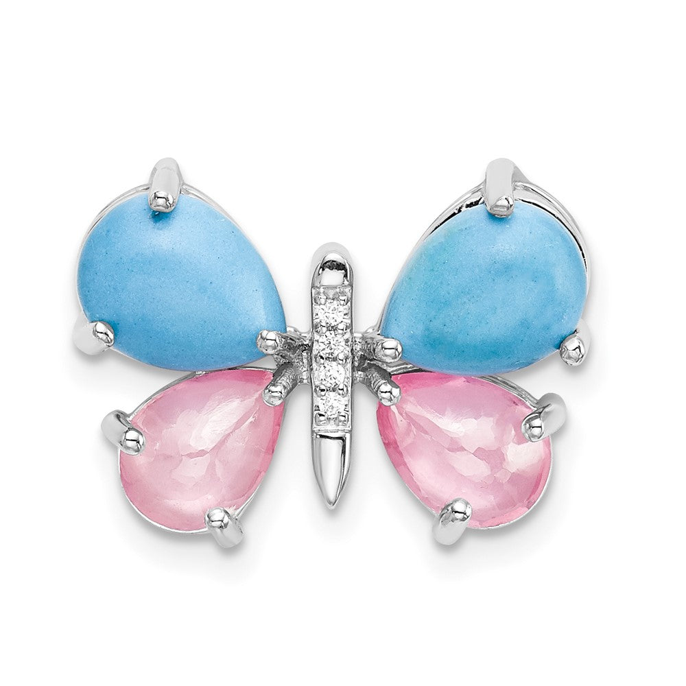 Image of ID 1 14k White Gold Real Diamond/Cabochon Turquoise/Rose Quartz Butterfly Pendant