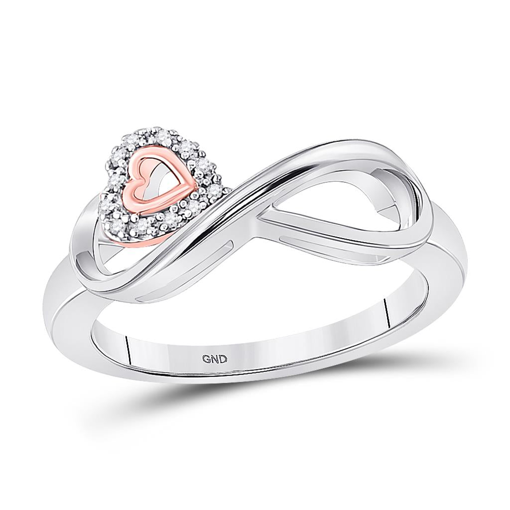 Image of ID 1 14k White Gold Round Diamond Rose-tone Heart Infinity Ring 1/20 Cttw
