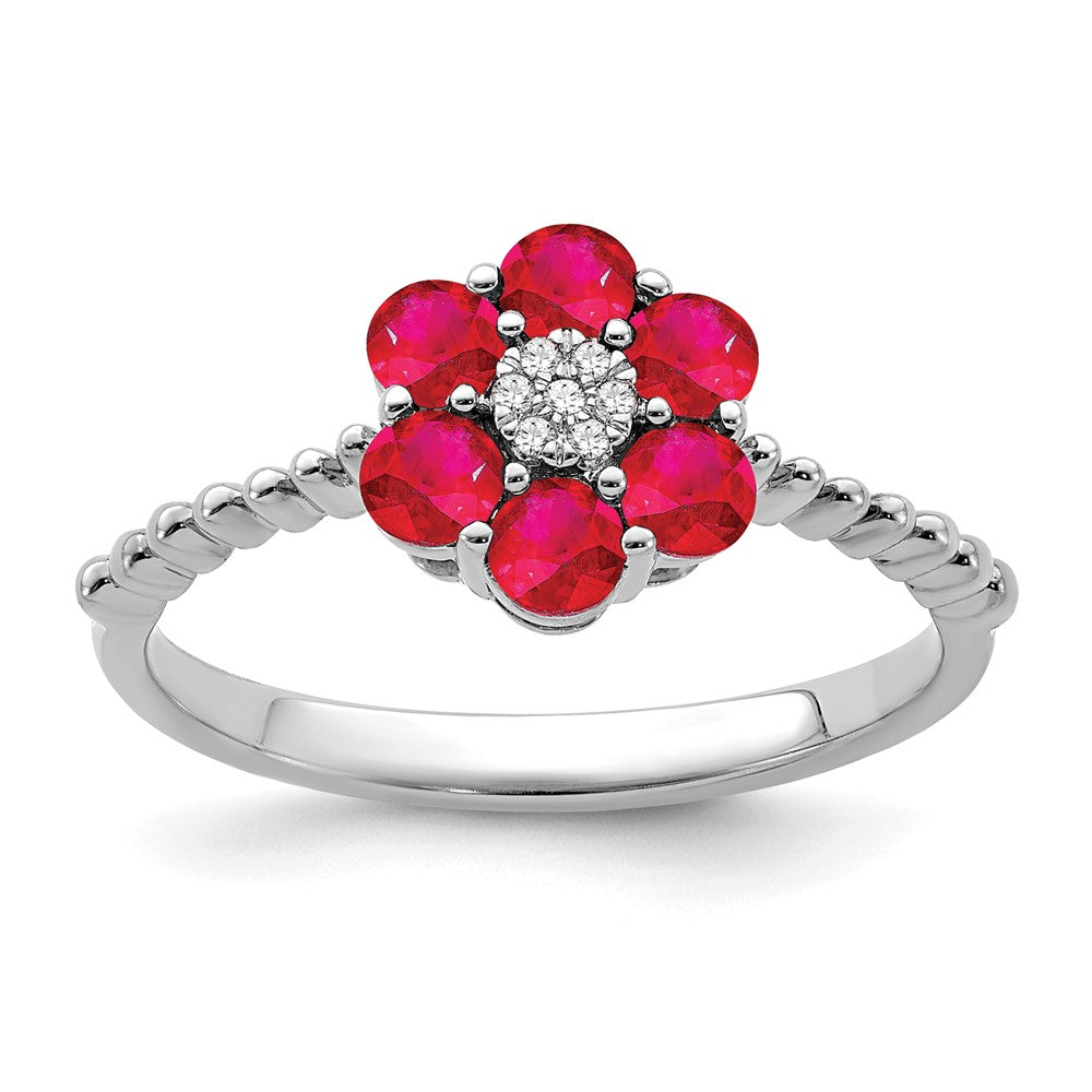 Image of ID 1 14k White Gold Ruby and Real Diamond Floral Ring