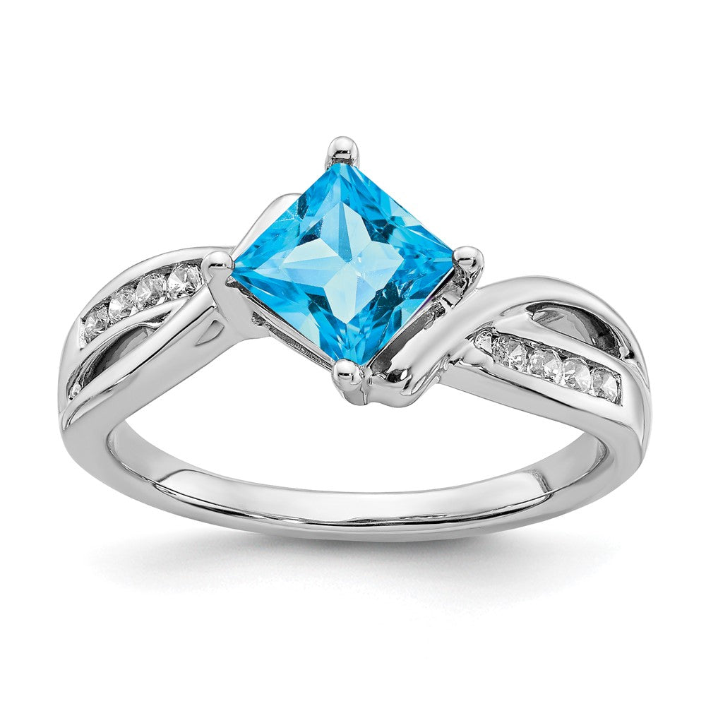 Image of ID 1 14k White Gold Square Blue Topaz and Real Diamond Ring