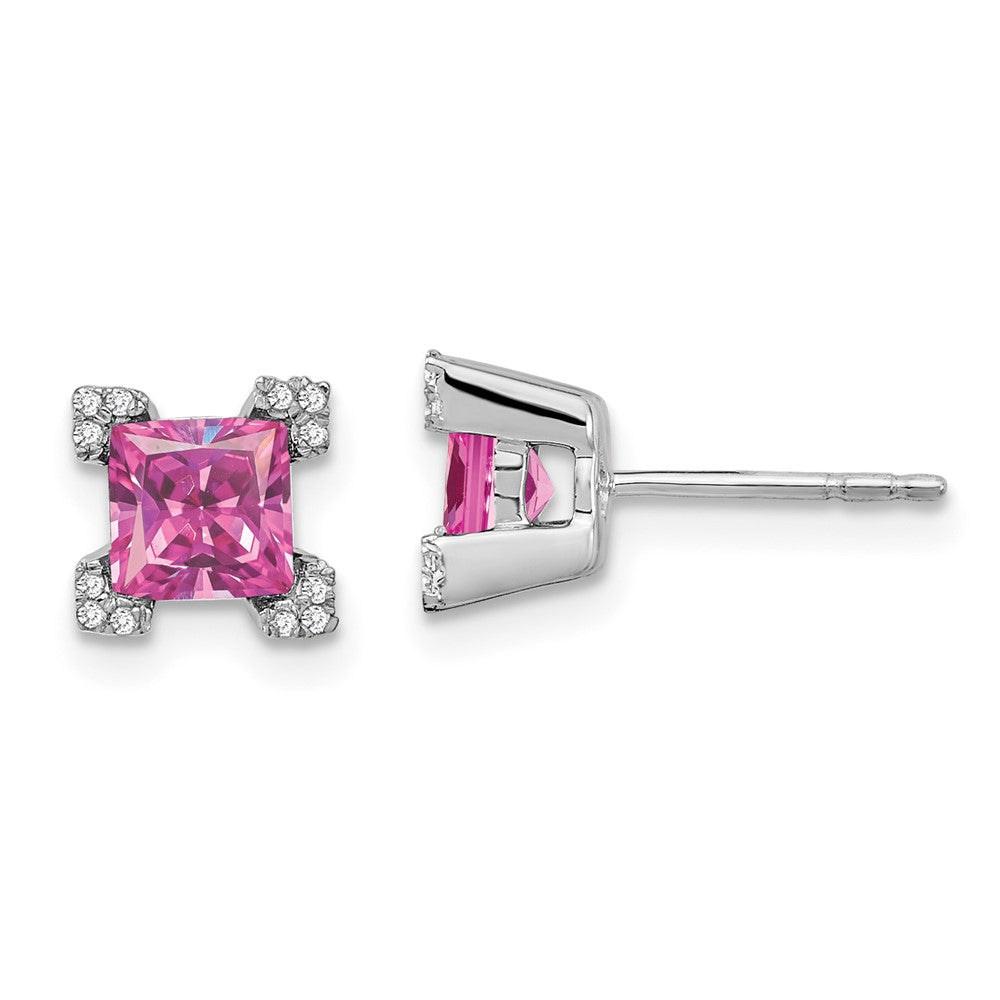 Image of ID 1 14k White Gold Square Created Pink Sapphire and Real Diamond Earrings