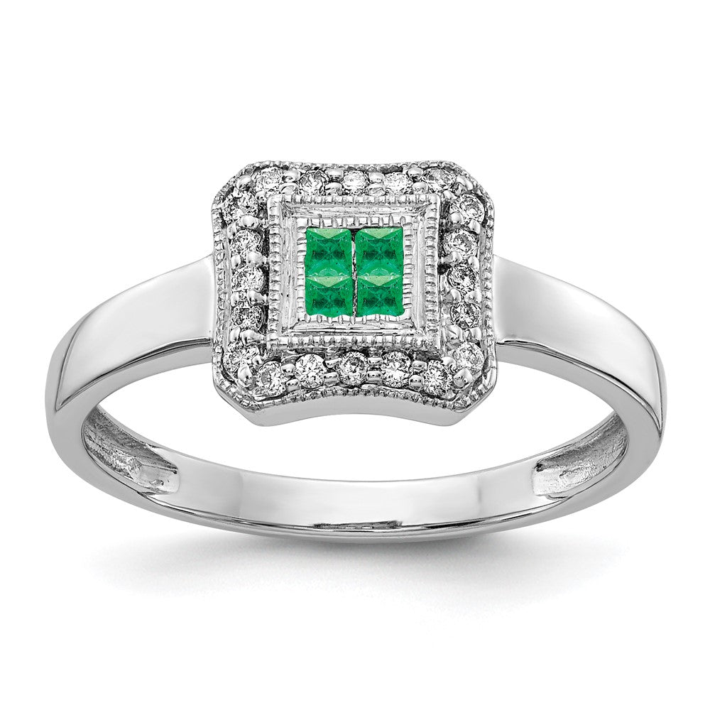 Image of ID 1 14k White Gold Square Design Emerald and Real Diamond Ring