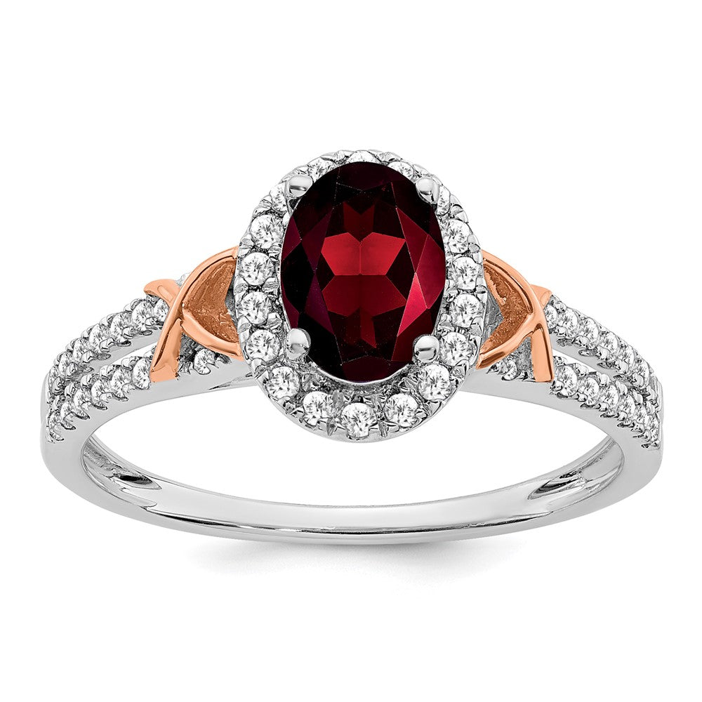 Image of ID 1 14k White Gold w/RG Accent Garnet and Real Diamond Halo Ring