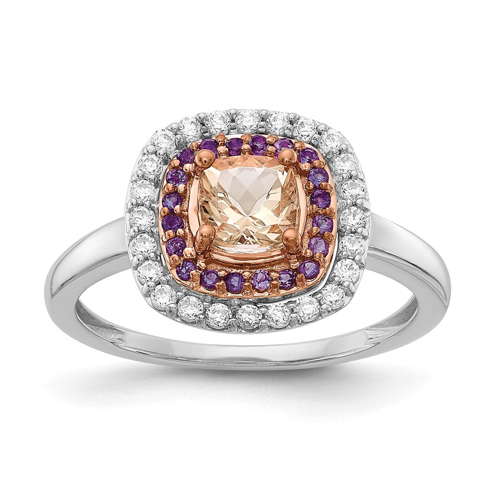 Image of ID 1 14k White & Rose Gold Morganite/Amethyst/Diamond Cushion Shape Ring
