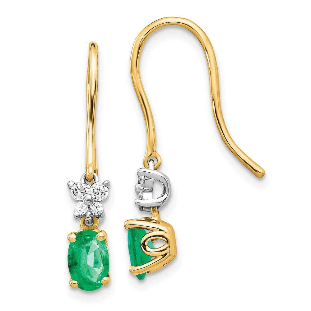 Image of ID 1 14k Yellow Gold 1/8ct Real Diamond and Oval Emerald Shepherd Hook Earrings